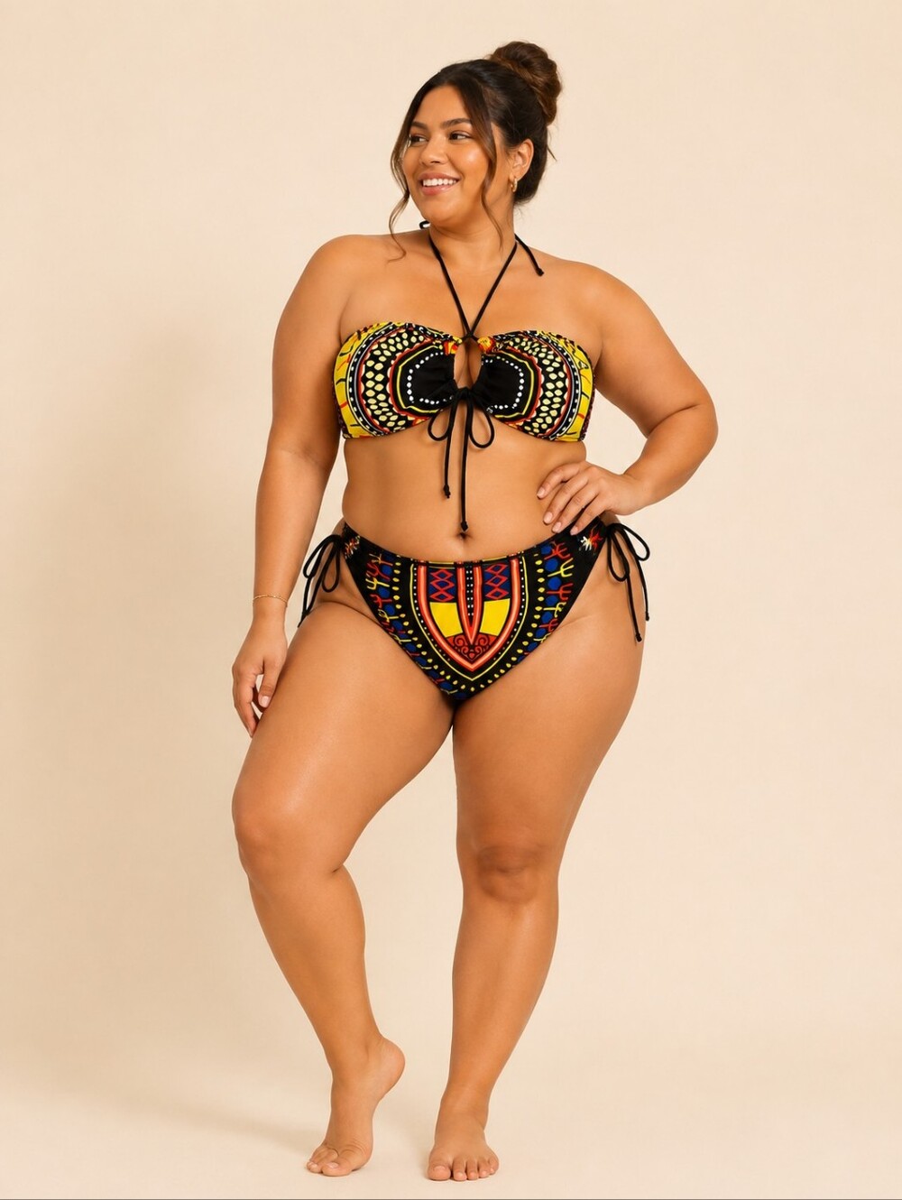 Plus Size Black & Yellow Bandeau Tie-Side Bikini